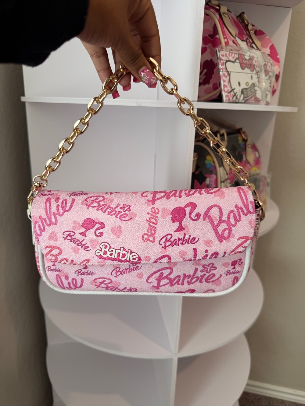 Barbie Pink Logo Mini Shoulder Bag with Gold Chain Strap